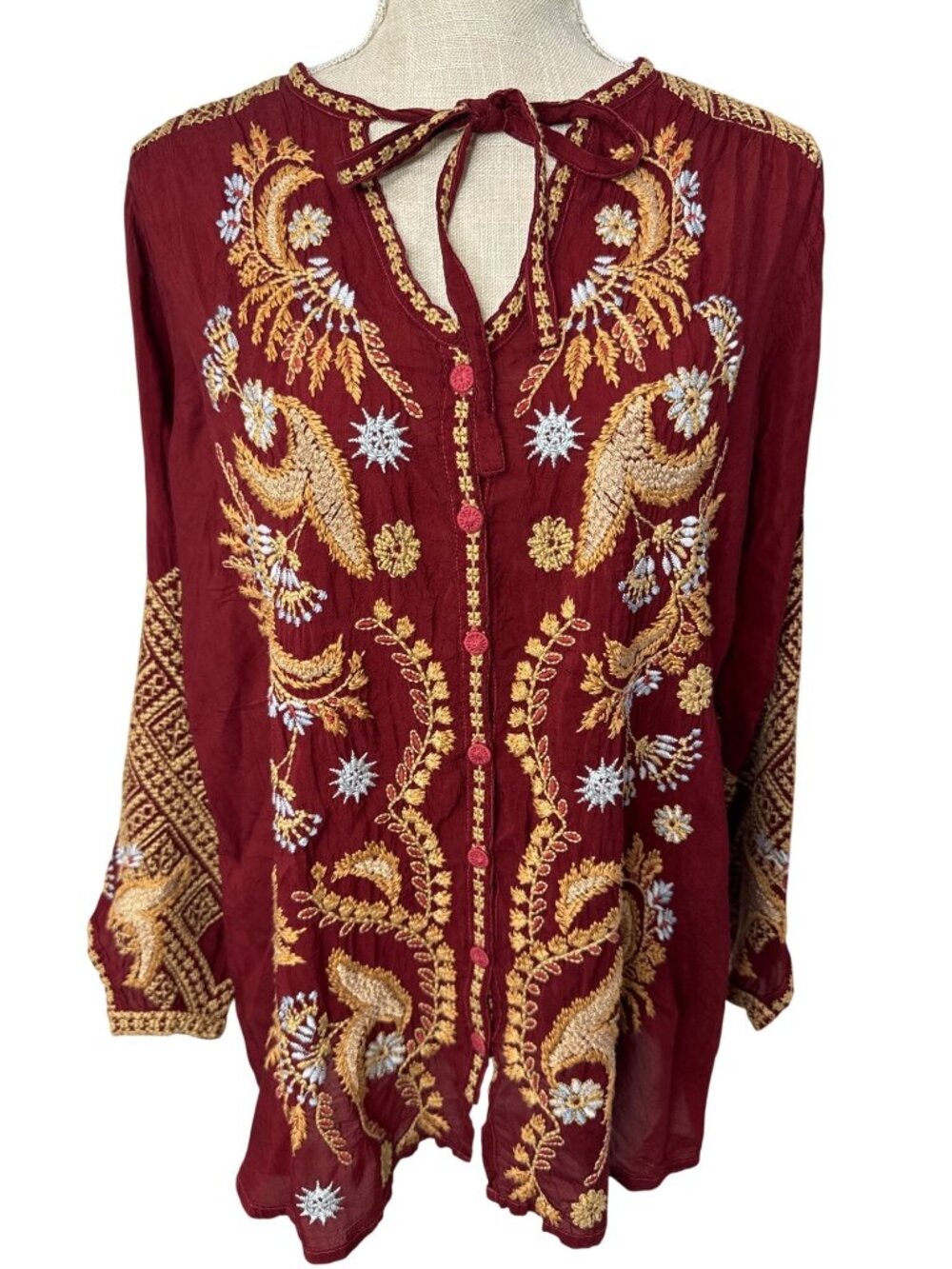Johnny Was Embroidered Burgundy Boho Tunic Floral Paisley Silk Blend Top S
